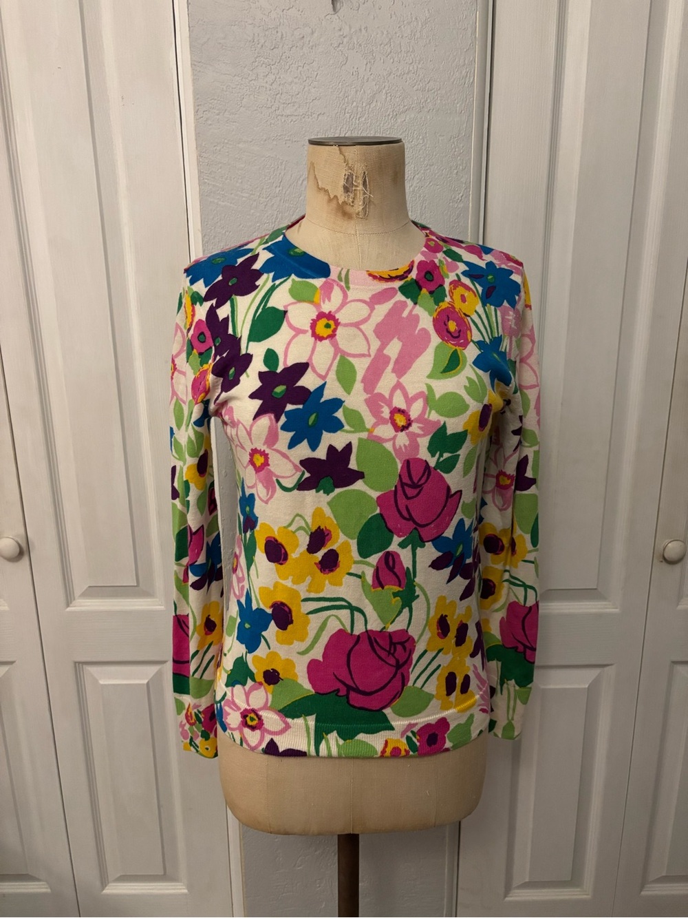 J. Crew Tippi Sweater 100% Merino Wool Bright Floral Print 3/4 Sleeve Size Small